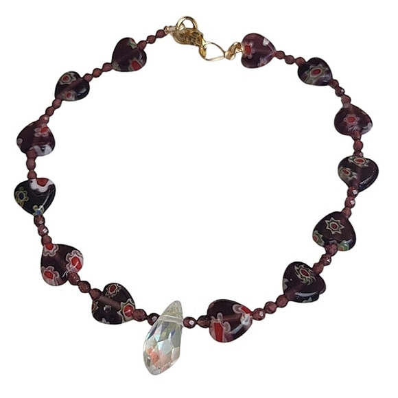 Garnet Millefiori Lampwork Glass Bead Heart Charm Teardrop Crystal Bracelet - Picture 1 of 4